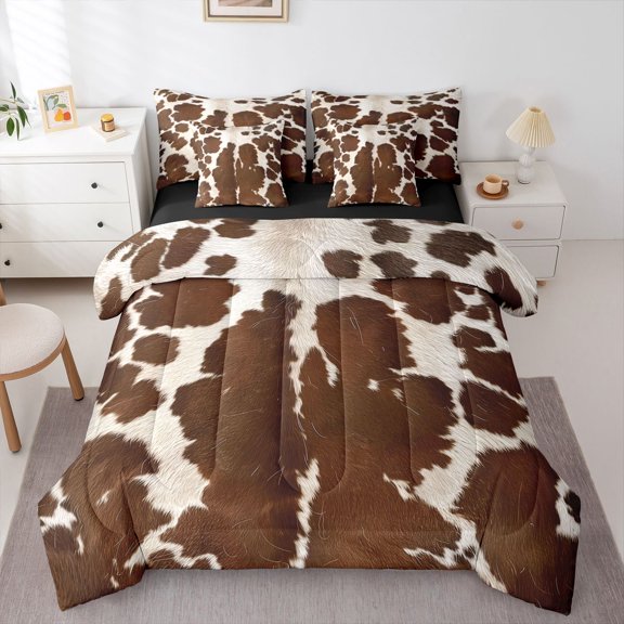 Manfei Cow Print Bedding Comforter Set 7pcs for Teens Adults,Western Farmhouse Animal Queen Bedding Sets Super Cozy,Exotic Style Queen Sheet Sets,Lightweight Room Decor,Reversible