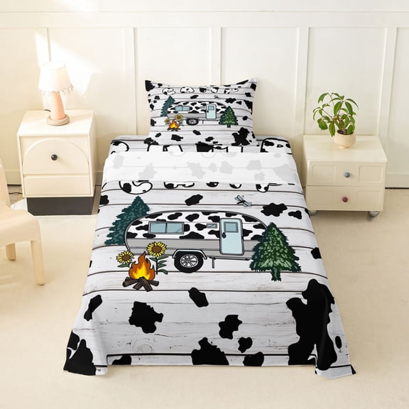 Manfei Cow Print Rv Twin Sheets,Country Farmhouse Lodge Bedding,White,3-Piece,1 Fitted Sheet and 1 Pillowcase