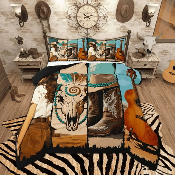 Manfei Cowboy Boots Hat Queen Comforter Set, Boho Cow Skull Bedding Sets, Country Music Guitar Bedding Comforter Set Microfiber Bedroom Decor Reversible 3 Pieces
