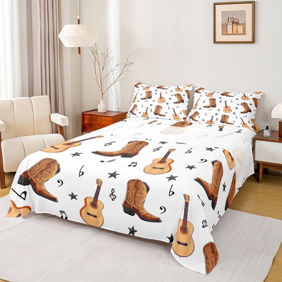 Manfei Cowboy Cowgirl Boots Bed Sheets 4pcs, Musical Notes Guitar King Sheets, Rustic Life Sheet Set, Lightweight Room Decor
