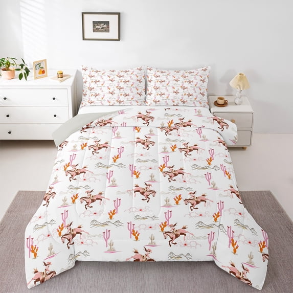 Manfei Cowgirl Bedding Queen Comforter Set,Rainforst Cactus Mountain Down Comforter,Pink White Brown Bedding Sets Queen with Comforter,Ultra Soft Bedroom Decorative Reversible,3 Pieces