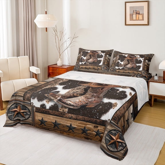 Manfei Cowgirl Boot Bed Sheets Set Twin Size, Texas Stars Bed Sheets Twin, Rustic Farmhouse Bedding Twin Size, Super Cozy Bedroom Decorative, 3pcs