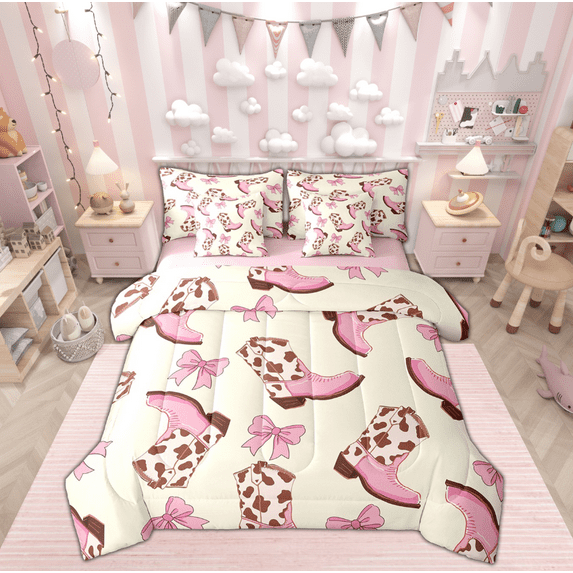 Manfei Cowgirl Boot Bedding Sets Twin Size, Kawaii Ribbon Bow Bed in a Bag Twin size, Western Princess Reversible Comforter Sets with Sheets, Super Cozy Bedroom Decor, 7pcs