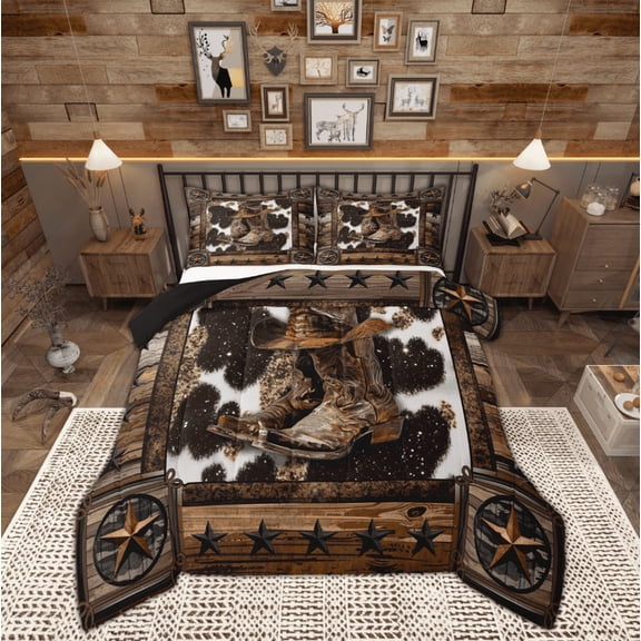 Manfei Cowgirl Boot Comforter Sets Twin Size, Texas Stars Comforters & Duvets, Rustic Farmhouse Reversible Bedding Twin Comforter Set, Super Cozy Bedroom Decorative, 2pcs