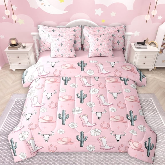 Manfei Cowgirl Boots Hat 7-Piece Twin Bedding Sets,Rustic Bull Skull Bedding Comforter Set,Pink Flower Green Cactus Sheet Sets For Girl Teens,Breathable Home Decor Reversible