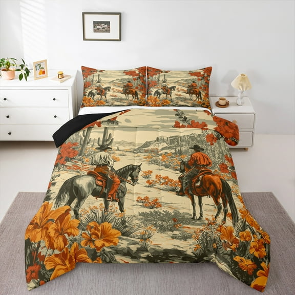 Manfei Cowgirl Cowboy Bedding Comforter Set for Kids, Tribal Western Horse Twin Comforter Sets, Cactus Flower Reversible Bedding Set, Super Cozy Room Decor, 2-Piece