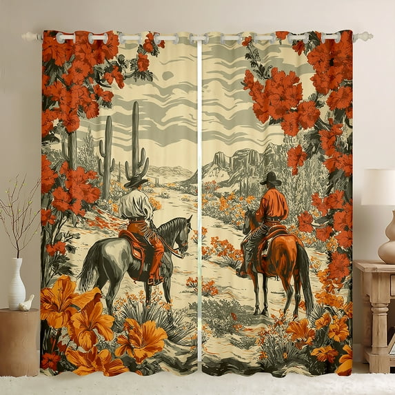 Manfei Cowgirl Cowboy Black Out Curtains for Kids, Tribal Western Horse Curtains Pack of 2 (42x63 Each), Cactus Flower Bedroom Curtains, Curtains and Drapes Room Decor