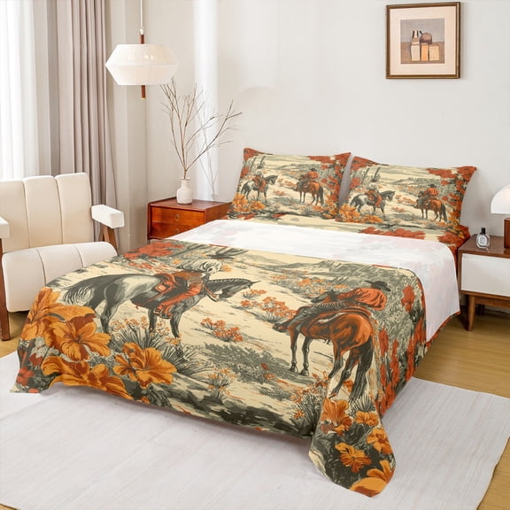 Manfei Cowgirl Cowboy Full Size Sheets for Kids, Tribal Western Horse Bed Sheets, Cactus Flower Sheet Sets, Super Cozy Room Decor, 4-Piece