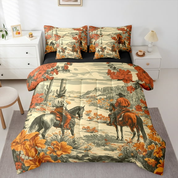 Manfei Cowgirl Cowboy Twin Bedding Sets 7-Piece for Kids, Tribal Western Horse Bedding Comforter Set, Cactus Flower Reversible Sheet Sets, Super Cozy Room Decor