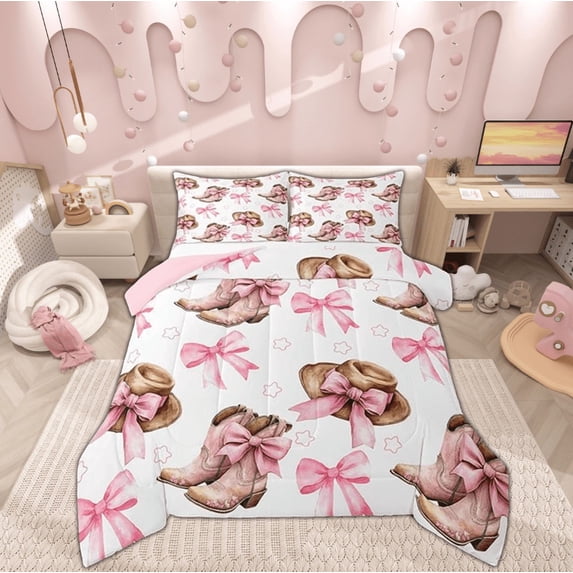 Manfei Cowgirl Princess Twin Comforter Sets, Pink Bowknot Bedding Set