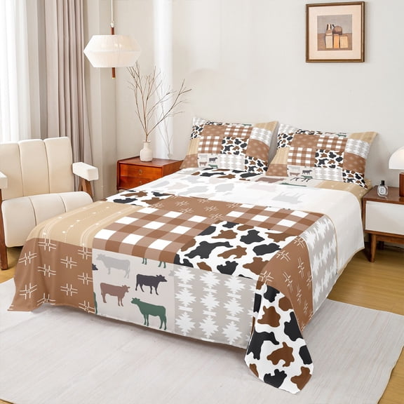 Manfei Cowhide Print Bed Sheets,Retro Aztec Geometric King Sheets,Brown Plaid Grid Sheet Set For Teens,Super Cozy Room Decor,4pcs