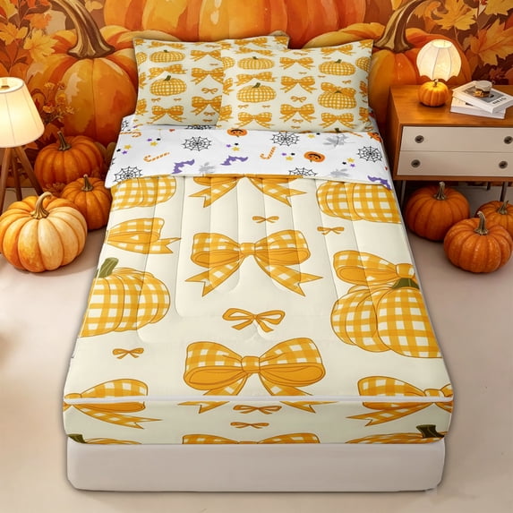 Manfei Cozy Fall Pumpkin Print Zipper Full Size Comforter Sets with Fitted Sheet and 2 Pillowcases for Home, Yellow Gingham Bow Zipper Bedding Set, Halloween Reversible, 4 Pieces