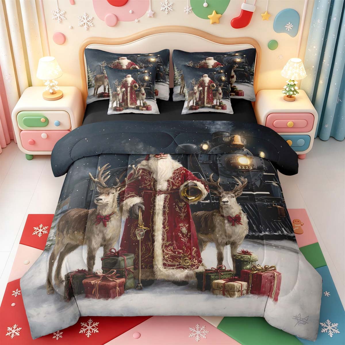 Manfei Cozy Santa Claus 7 Pieces Full Size Bedding Sets,Vintage Train ...