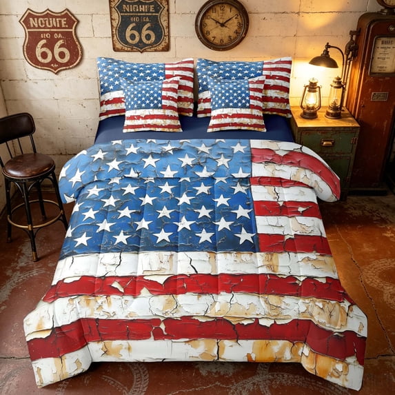 Manfei Cracked USA Flag Twin Bedding, Distressed American Banner Bedding Comforter Set, Red White Blue, Navy Reversible 7pcs