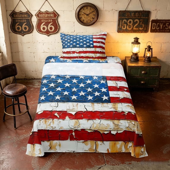 Manfei Cracked USA Flag Twin Sheets, Distressed American Banner Bedding, Red White Blue, Navy Reversible 3pcs (1 Flat Sheet, 1 Fitted Sheet and 1 Pillowcase)