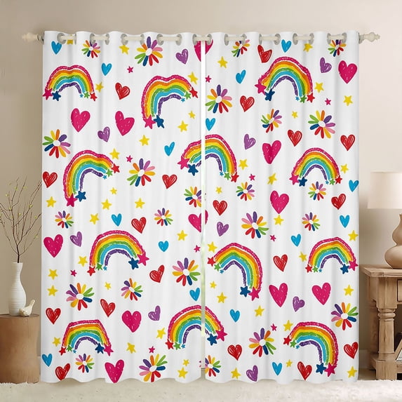 Manfei Crayon Rainbow Curtains and Drapes Pack of 2 (52x63 Each), Love Heart Groovy Black Out Curtains, White