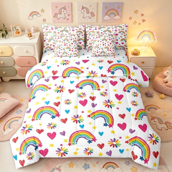 Manfei Crayon Rainbow Full Size Bedding Sets, Love Heart Groovy Full Size Bed in a Bag, White, Polkadot Reversible, 7-Piece