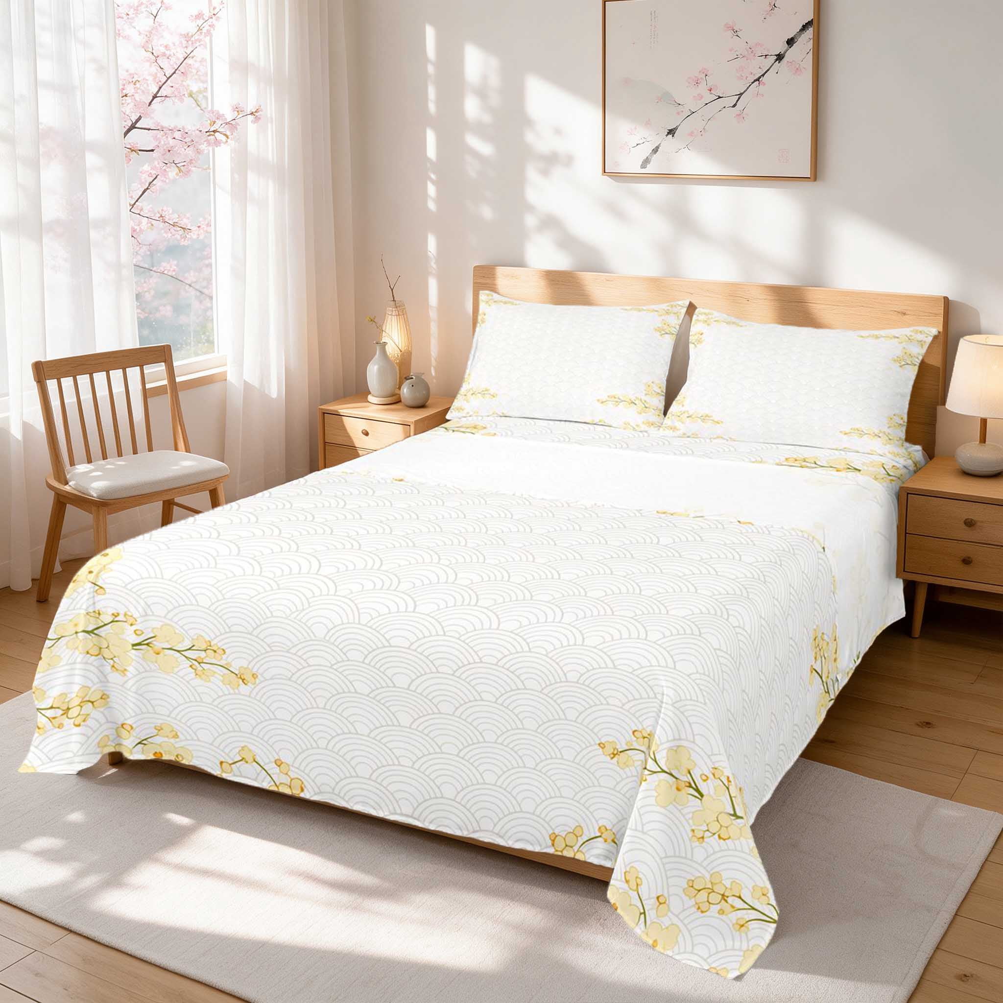 Surf Pattern Shirts Manfei Cream Wave Pattern Bed Sheets, Yellow Blossom Corner Full Size ...