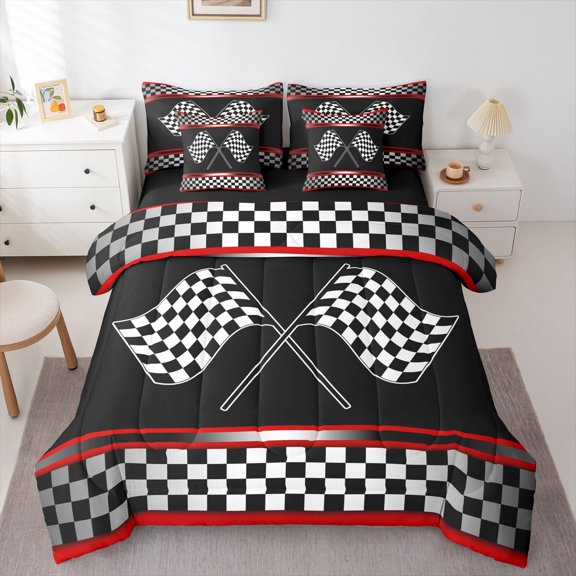 Manfei Crossed Checkered Flags 7-Piece Twin Bedding,Modern Racing Pattern Bedding Comforter Set,Black White,Black Reversible