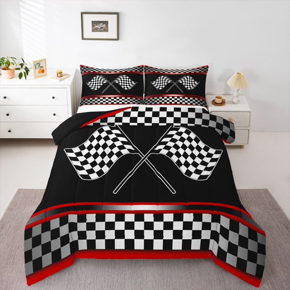 Manfei Crossed Checkered Flags Full Size Comforter Sets,Modern Racing Pattern Bedding Comforter Set,Black White,Black Reversible,3-Piece,1 Comforter and 2 Pillowcases