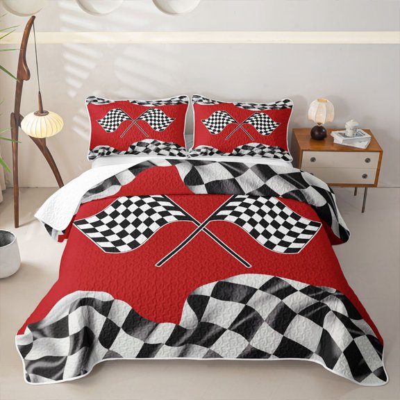 Manfei Crossed Checkered Flags Twin Quilt Set,Modern Sporty Racing Art Twin Coverlet Set,Red,2 Pieces