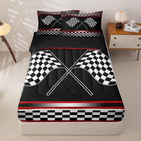 Manfei Crossed Checkered Flags Zipper Twin Comforter Sets with Fitted Sheet and 2 Pillowcases,Modern Racing Pattern Zipper Bedding Set,Black White,Black Reversible,4pcs