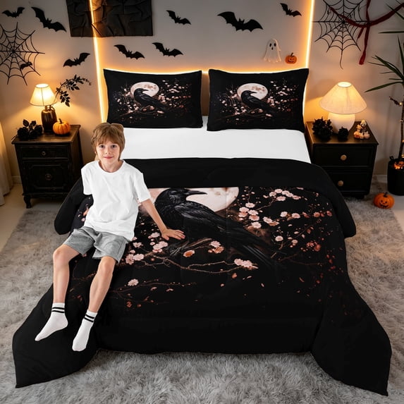 Manfei Crow Blossom King Size Comforter Sets, Moon Halloween Comforters ...
