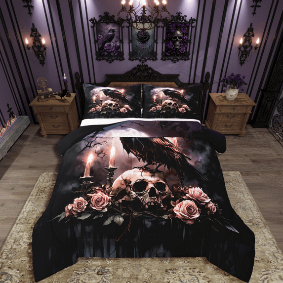 Manfei Crow Skull 2pcs Bedding Comforter Set,Pink Flower Twin Comforter Sets,Gothic Style Breathable Bedding Set,Ultra Soft Halloween Room Decoration,Reversible