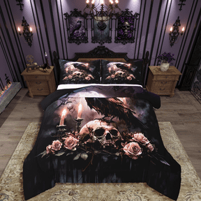 Manfei Crow Skull 3 Pieces Queen Comforter Set,Pink Flower Ultra Soft Bedding Sets,Gothic Style Bedding Comforter Set,Ultra Soft Halloween Room Decoration,Reversible