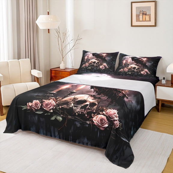Manfei Crow Skull 3pcs Twin Sheet Sets,Pink Flower Twin Fitted Sheet,Gothic Style Breathable Flat Sheet,Ultra Soft Halloween Room Decoration