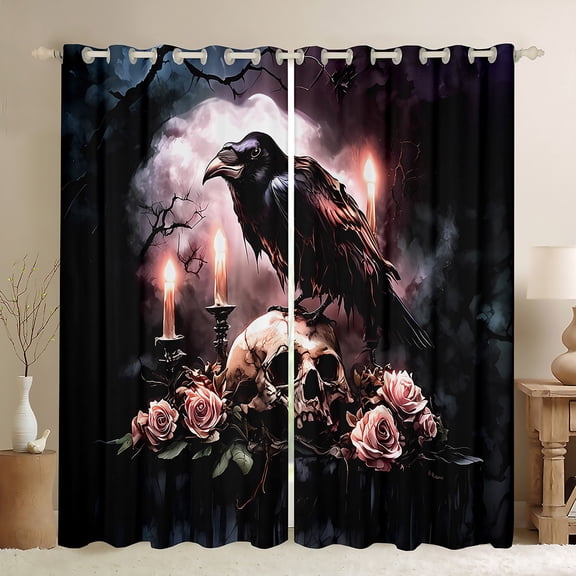 Manfei Crow Skull Blackout Curtains Set of 2 (52x84 Each),Pink Flower Window Curtains,Gothic Style Curtains and Drapes,Ultra Soft Halloween Room Decoration