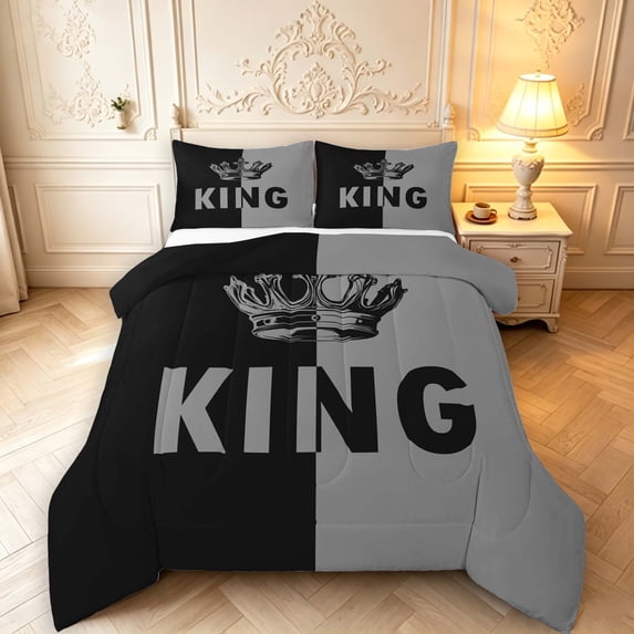 Manfei Crown Pattern Full Size Comforter Sets,Modern Monogram King Bedding Comforter Set,Gray,Black Reversible,3-Piece,1 Comforter and 2 Pillowcases