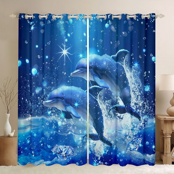 Manfei Crystal Dolphin Black Out Curtains for Kids Boys and Girls, Marine Fantasy Print Curtains Pack of 2 (42x63 Each)