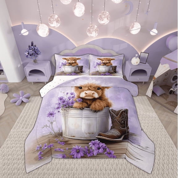 Manfei Cup Cow Bedding Sets Queen with Comforter, Purple Flower Floral Comforter Sets Queen Size, Rustic Western Animal Reversible Down Comforter, Breathable Bedroom Decorative, 3pcs