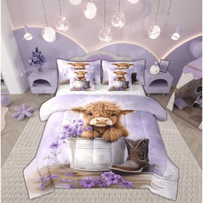 Manfei Cup Cow Bedding Twin Size, Purple Flower Floral Bedding Sets Twin Size, Rustic Western Animal Reversible Comforter Sets with Sheets, Breathable Bedroom Decorative, 7pcs
