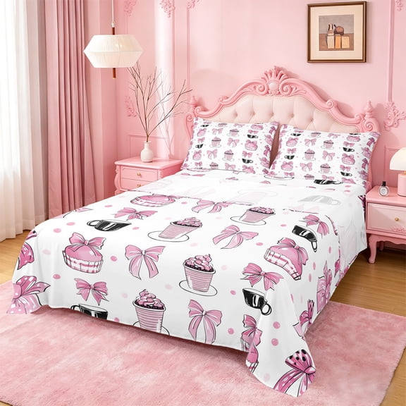 Manfei Cupcake Coffee Bow Queen Sheet Sets For Girls,Pink Dessert Print Bed Set For Kids,4pcs