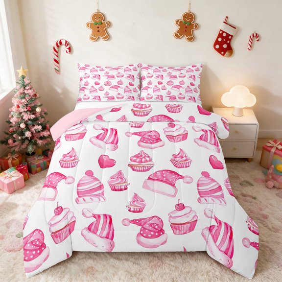 Manfei Cupcake King Size Comforter Sets Christmas Comforters King Size, Gray Green 3pcs 1 Comforter and 2 Pillowcases, Pink Reversible