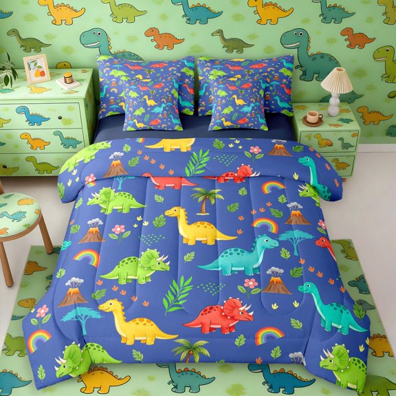 Manfei Cut Dino Animals 7-Piece Twin Bedding,Kawaii Palm Tree Flower Bedding Comforter Set,Blue Green,Navy Blue Reversible