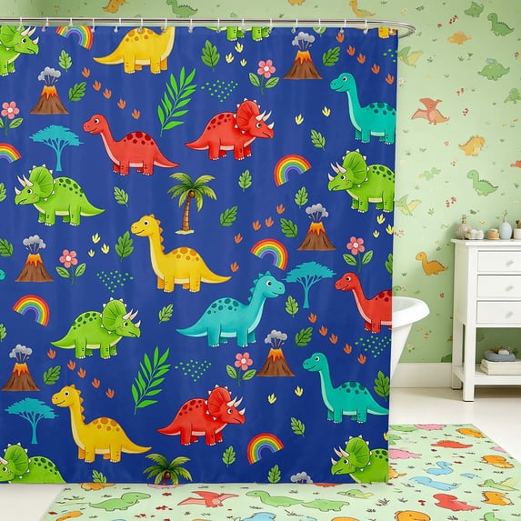 Manfei Cut Dino Animals Shower Curtain 72Wx72L,Kawaii Palm Tree Flower Bathroom Curtain,Blue Green