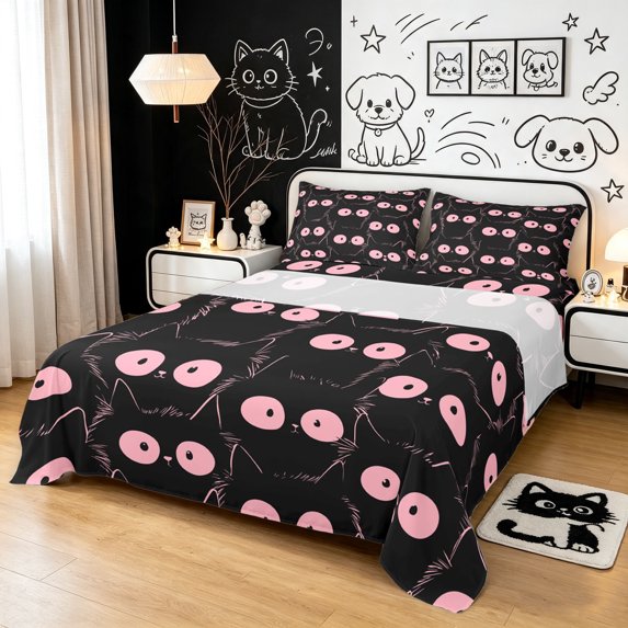 Manfei Cute Abstract Cat Bed Sheets, Cartoon Kitten Full Size Sheets, Black Pink, 4-Piece, 1 Flat Sheet, 1 Fitted Sheet and 2 Pillowcases