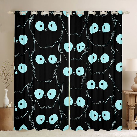 Manfei Cute Abstract Cat Curtains and Drapes Pack of 2 (52x63 Each), Cartoon Kitten Black Out Curtains, Black Cyan