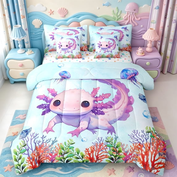 Manfei Cute Adorable Axolotl 7-Piece King Bedding,Watercolor Ocean Animal King Bed in a Bag,Colorful Stars Reversible