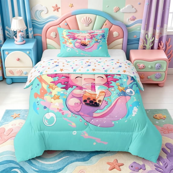 Manfei Cute Adorable Axolotl Twin Comforter Sets,Kawaii Animals Pattern Bedding Set,Colorful Stars Reversible,2-Piece,1 Comforter and 1 Pillowcase