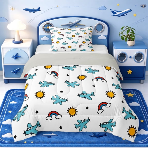 Manfei Cute Airplane Twin Comforter Sets,Sun Rays Design Bedding Set ...