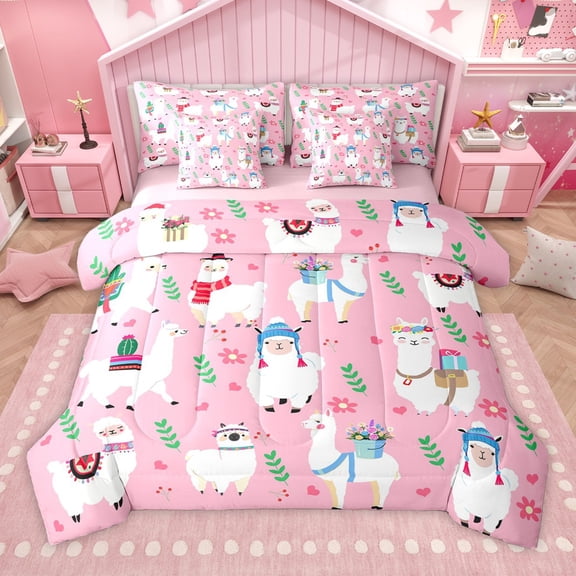Manfei Cute Alpaca Boy Girl 7pcs Bedding Comforter Set,Cartoon Animal Queen Bedding Sets Super Cozy,Pink Flower Queen Sheet Sets,Microfiber Bedroom Decor,Reversible