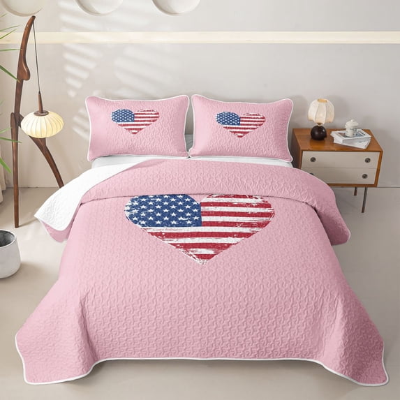 Manfei Cute American Flag Heart Bed Spread Queen,Pink Queen Coverlet Set,3pcs