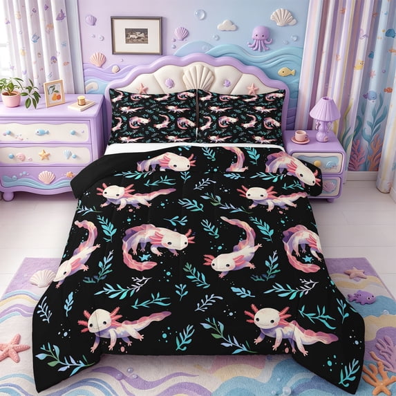 Manfei Cute Amphibian Axolotl Full Size Comforter Sets,Cartoon Animals Print Bedding Comforter Set,Black Reversible,3-Piece,1 Comforter and 2 Pillowcases