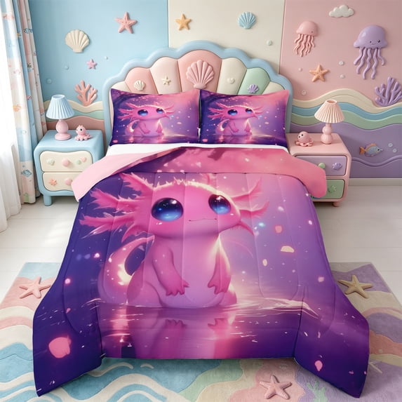 Manfei Cute Amphibian Axolotl Full Size Comforter Sets,Pastel Ocean Animal Bedding Comforter Set,Pink Reversible,3 Pieces,1 Comforter and 2 Pillowcases