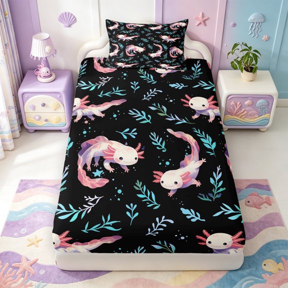 Manfei Cute Amphibian Axolotl Twin Fitted Sheet,Cartoon Animals Print Bedding,2pcs,1 Fitted Sheet and 1 Pillowcase