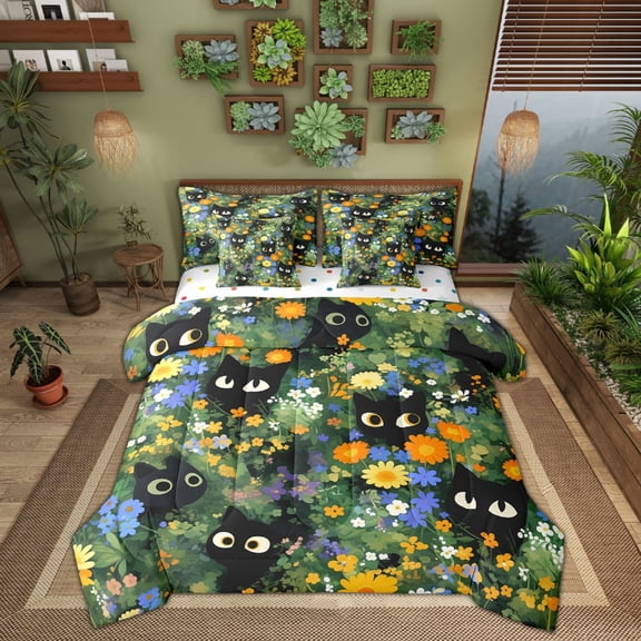 Manfei Cute Animal Bed in a Bag Twin size, Black Cat Kitten Bed Set, Jungle Botanical Reversible Bedding Twin Size, Super Cozy Bedroom Decoration, 7pcs